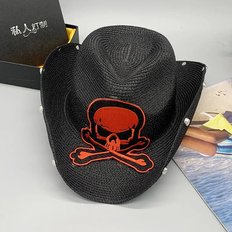 قبعة رعاة البقر ذات الورق الأسود مع تصميم جمجمة للجنسين قبعة شمس عصرية غربية للشاطئ في المهرجانات الخارجية