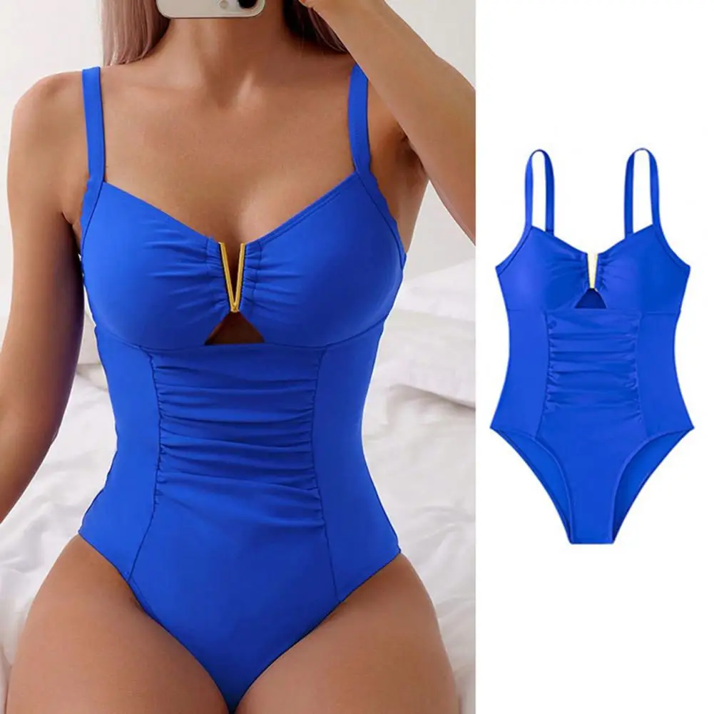 Conjunto de ropa de playa para mujer, Monokini elegante con cuello en V y traje de baño de una pieza sin mangas de cintura alta fruncido en Color sólido