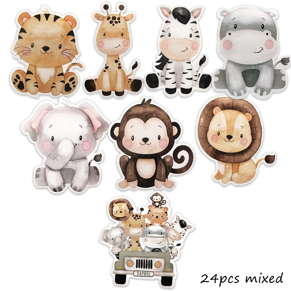 24pcs Cartion Animal Stickers Sweetcone Candy Bag Sticker for Kids Jungle Safari Happy Birthday Party Decor DIY Gifts Wrapping