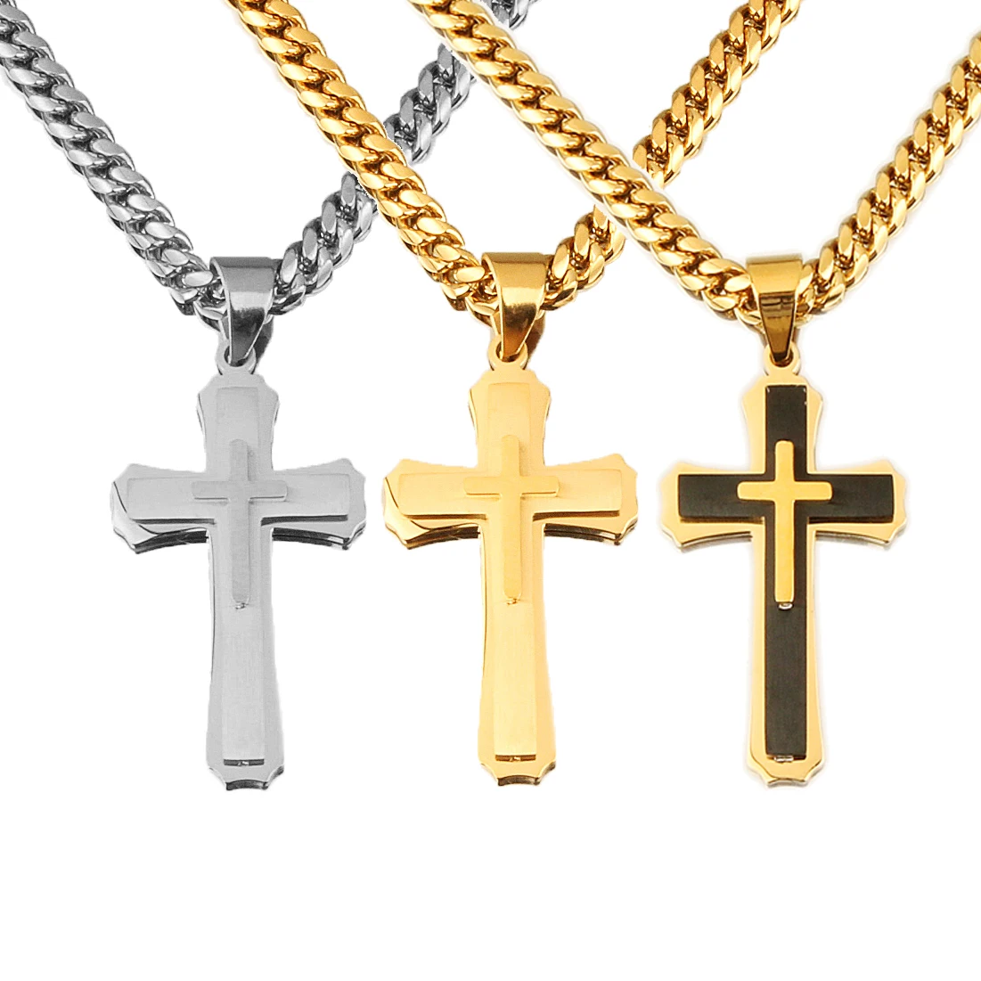 New Men Necklaces & Pendants Male Cross Necklace Punk Stainless Steel Miami Curb Chain Fashion Jewelry