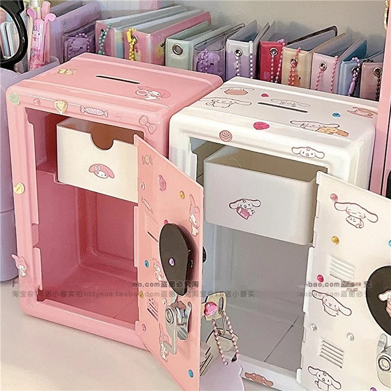 New Sanrio Cute Kawaii My Melody Cinnamoroll Wrought Iron Safe Piggy Bank Anime Girl Heart Cute Sticker Storage Key Cabinet Gift