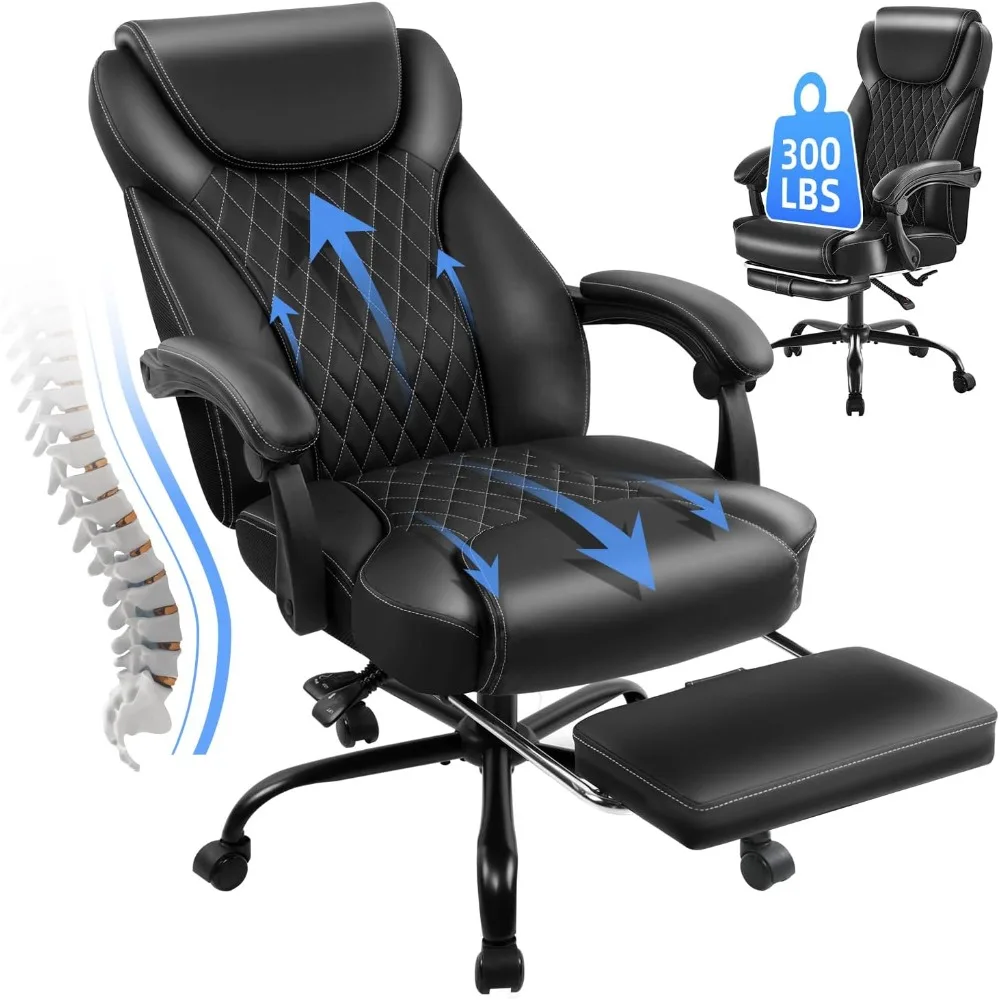 

Big and tall office chair with footrest, ergonomic design for home desk, reclining high back leather chair with lumbar support