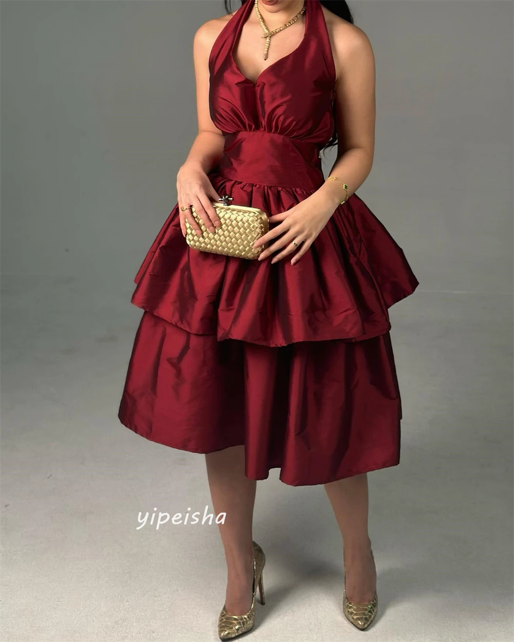 Satin Draped Tiered Party A-line Halter Bespoke Occasion Dresses Knee-Length