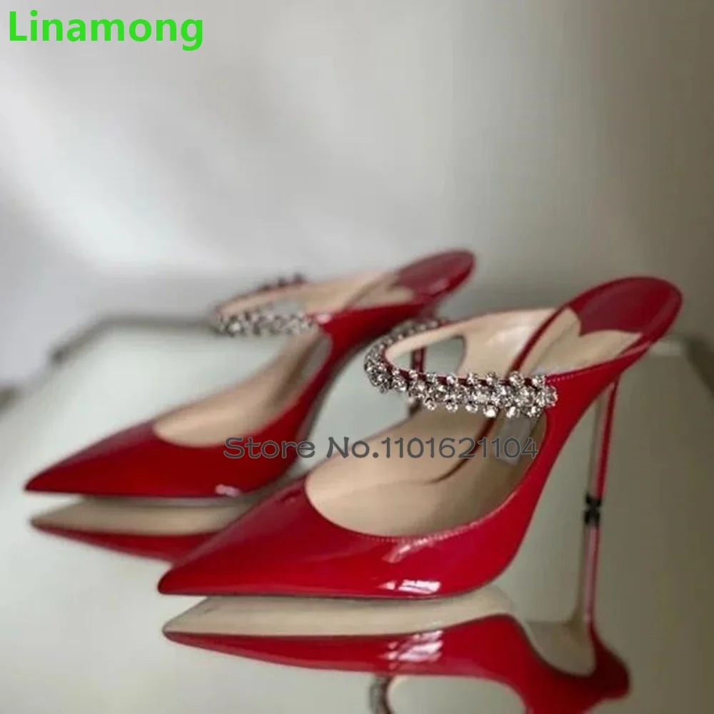 Red Patent Leather Crystal Luxury Slippers For Female Women 2024 New Thin High Heel Pointed Toe Sexy Elegant Solid Sexy Shoes