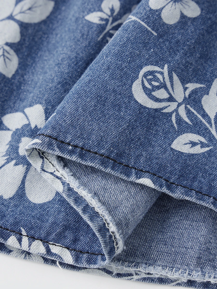 Women s Summer Denim Cami Dress Floral Print Sleeveless Square Neck Backless Mini A Line Dress