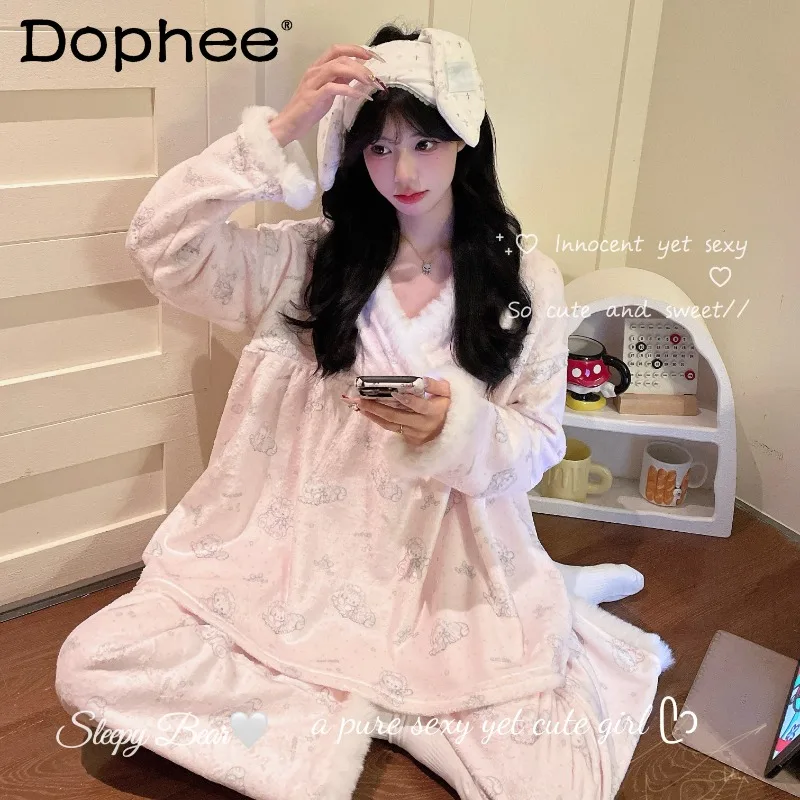 

Осень-зима, утепленная тонкая бархатная теплая пижама с длинными рукавами для женщин, новинка 2023 года, милая милая девушка, японский стиль, комплект домашней одежды