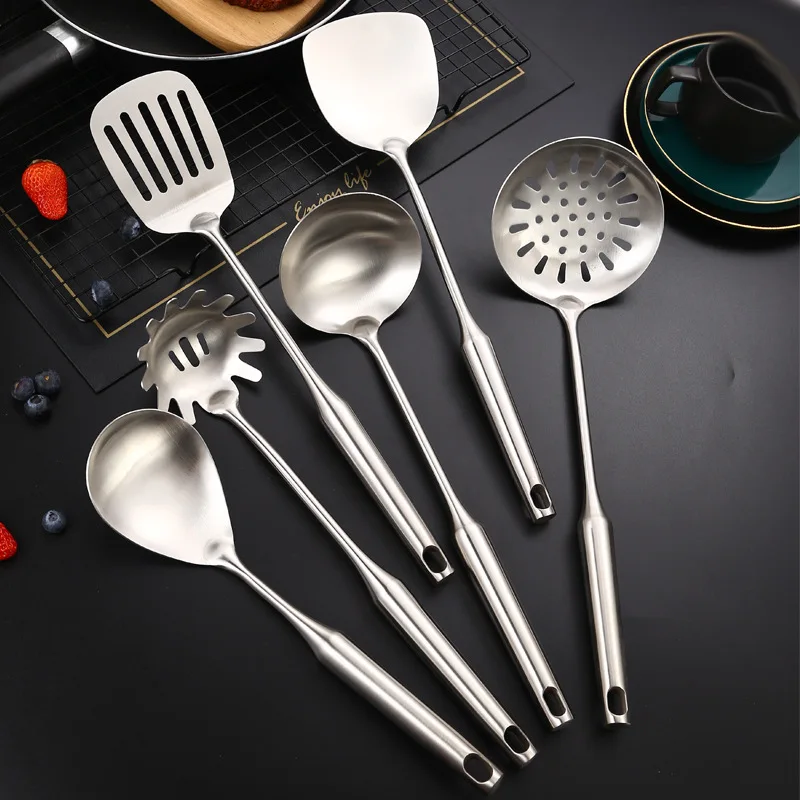 1Pc Silver Stainless Steel Kitchen Cooking Tools Frying Spatula Soup Spoon Hollow Handle High Temperature Resistance Kitchenware