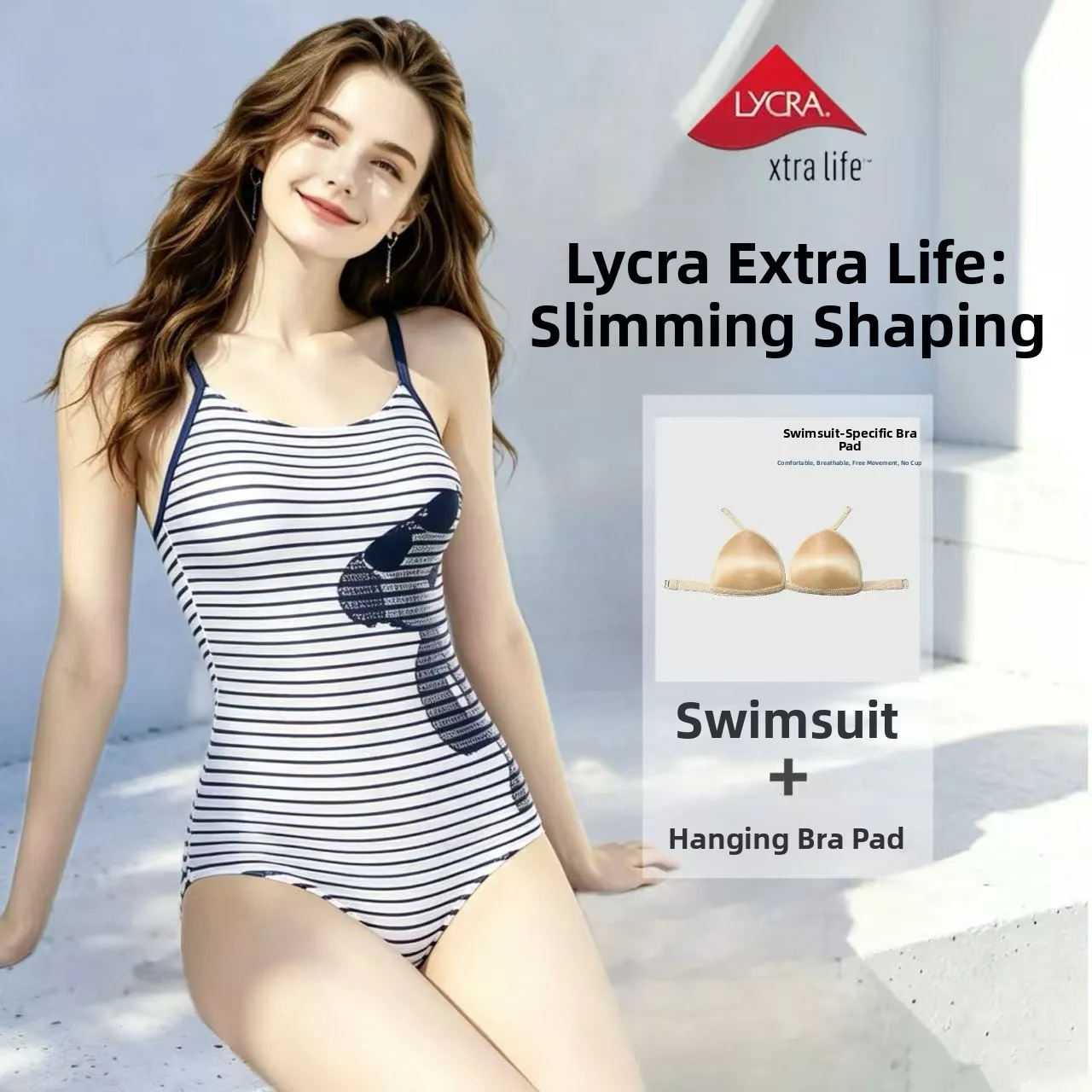 High Elasticity Single Layer Racing Swimsuit Women's High Sensation Stripe Amber Training Suit without Chest Pad round Neck