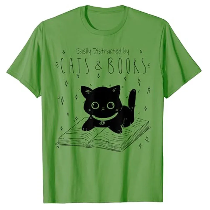 Easily Distracted By Cats and Books - Funny Cat & Book Lover T-Shirt Cute Kitty Graphic Tee Black Kitten Stuff Avid Reader Tops