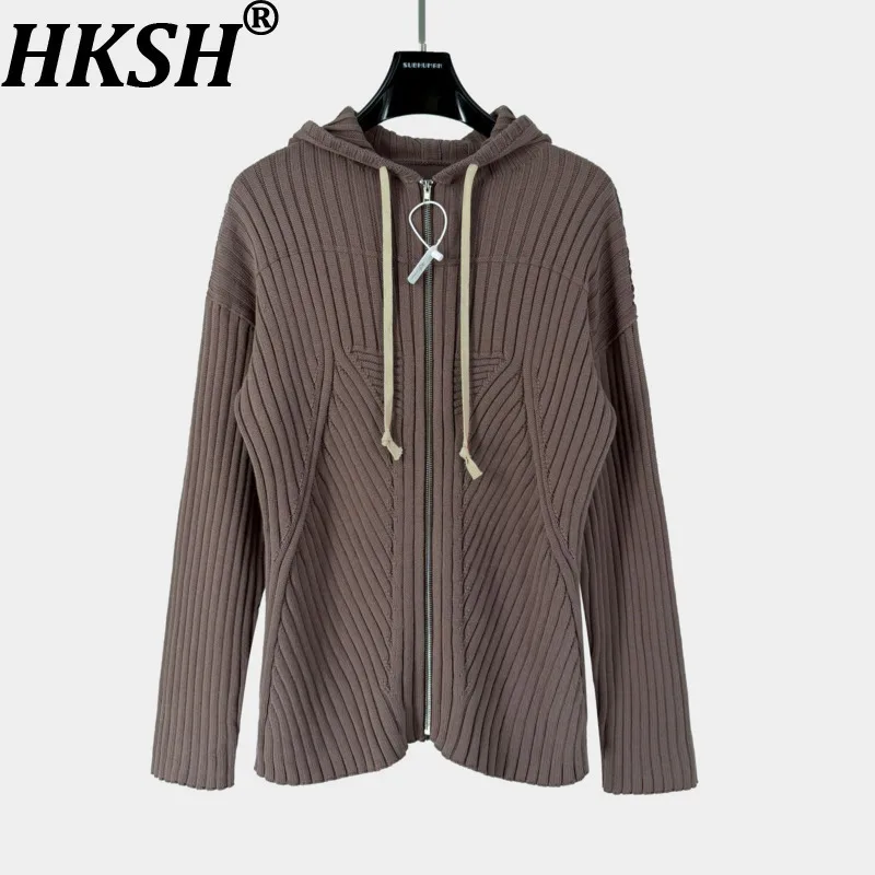 

HKSH весна осень новый мужской прилив темный ребристый вязаный свитер с капюшоном нишевый дизайн кардиган на молнии приталенная куртка Chic Ins HK15987