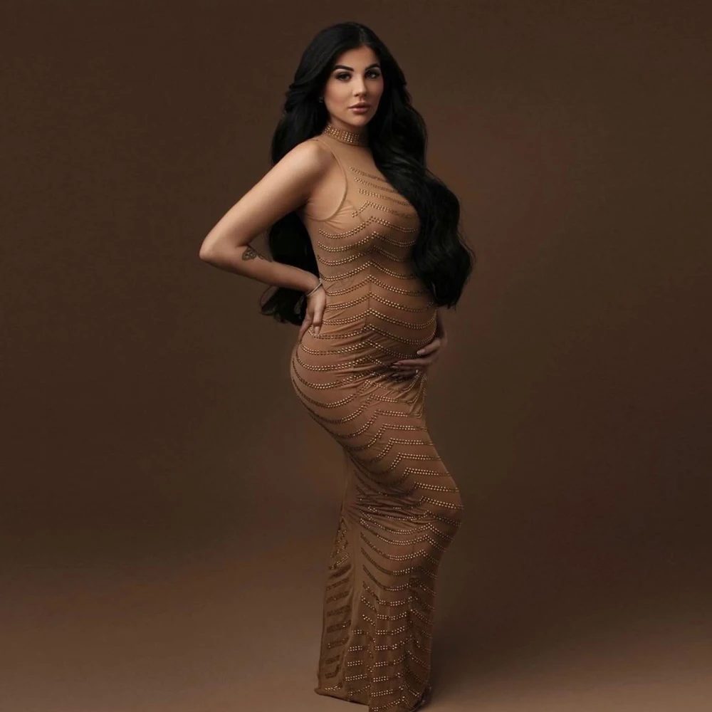 Maternity Gown For Party Sexy Shiny Goddess Bodysuit Hot Rhinestone For Photo Shoot Props Plus Size Senior Pregnant