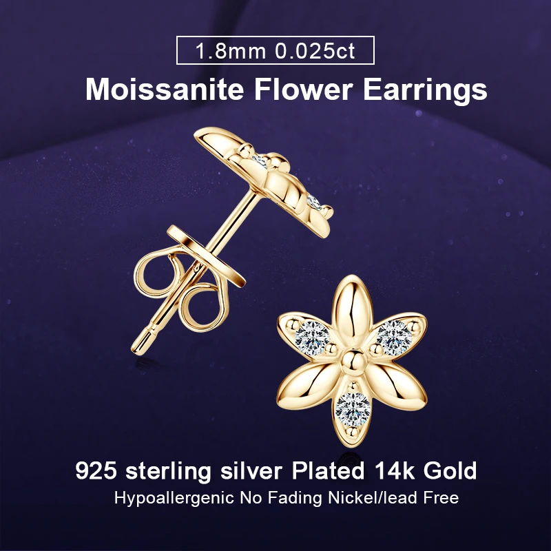 

IOGOU 1.8mm D0.075CT Round Moissanite Diamond Flower Stud Earrings for Girls Birthday Party Gift 925 Silver Original Jewelry