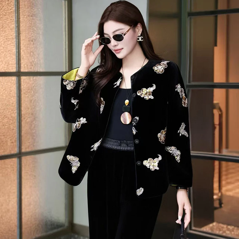 Autumn Winter New O-Neck Exquisite Palace sequin Embroidered Silk + Velvet Fabric Women's Single breasted Cotton Coat S-XL