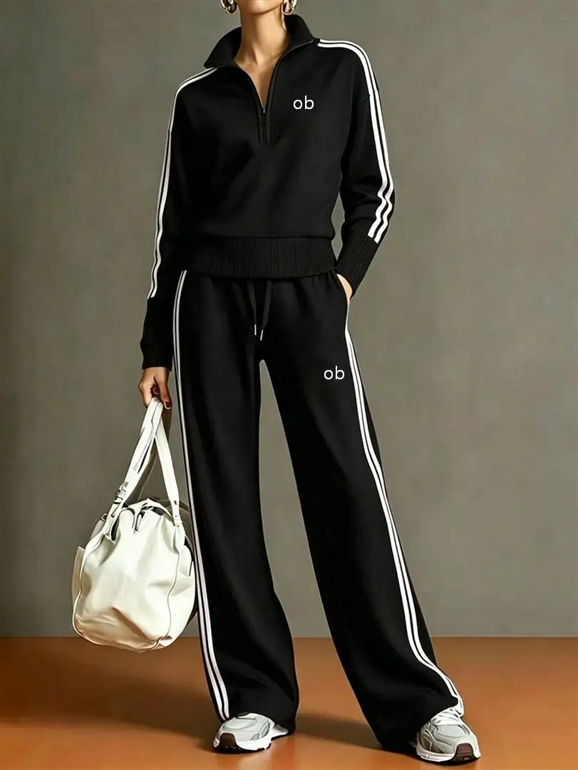 New autumn and winter women's sports and leisure suit with half zipper stand up collar long sleeved top and side striped pants