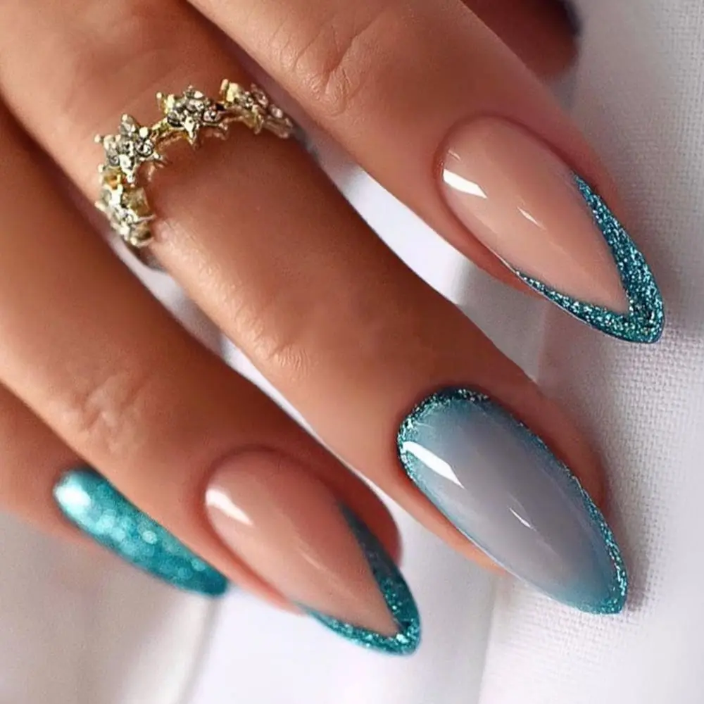 Manicure Long Almond False Nails French Leaf Butterfly Fake Nials Detachable Blue Gradient Nail Tips at Home