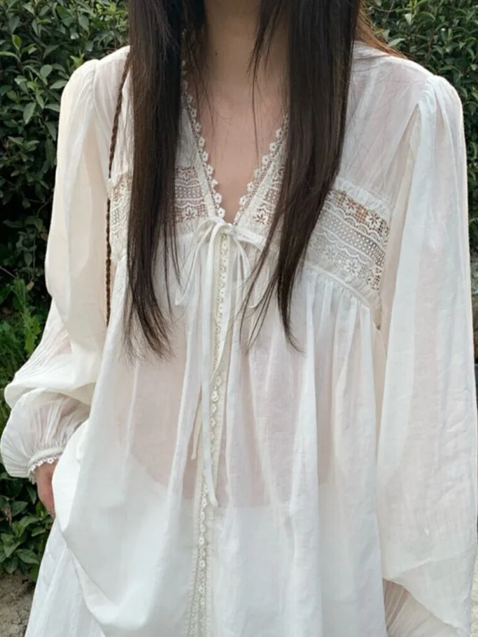 

Korean Sle Women's Lace Splice Thin Sun Protection irt Early Autumn New Design Sensation irt Loose Fit Long Sve