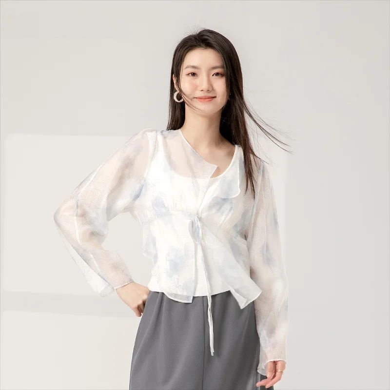 

Dailanzhi Spring Summer New Floral Print irt with Belt Long Sve V Ne Straight Cut Polyester Women's Busin Casual Top