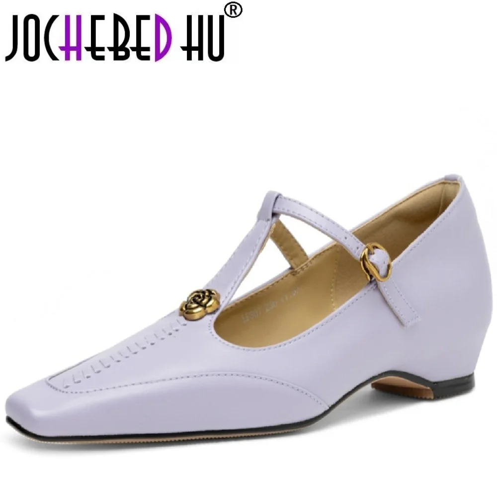 

【JOCHEBED HU】Женские слипоны из коровьей кожи с Т-образным ремешком на толстом низком каблуке, повседневные женские туфли высокого качества, мягкие, удобные, повседневные