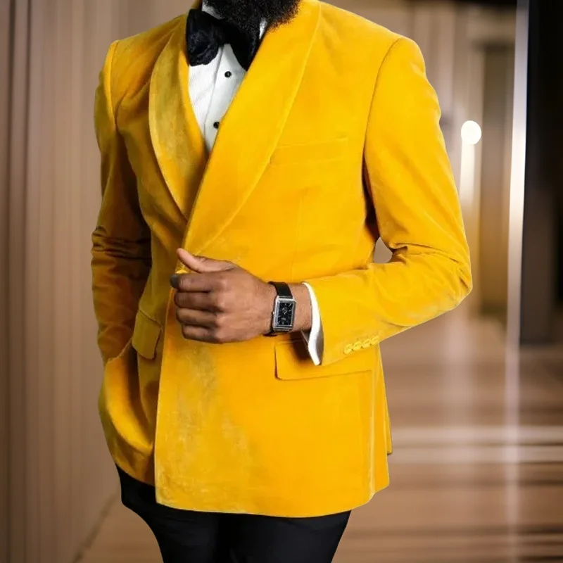 

2 Pcs Prom Men Suits 2024 Double Breasted Shawl Lapel Custom Wedding Groom Tuxedo Yellow Velvet Fashion Smoking Jacket Pants