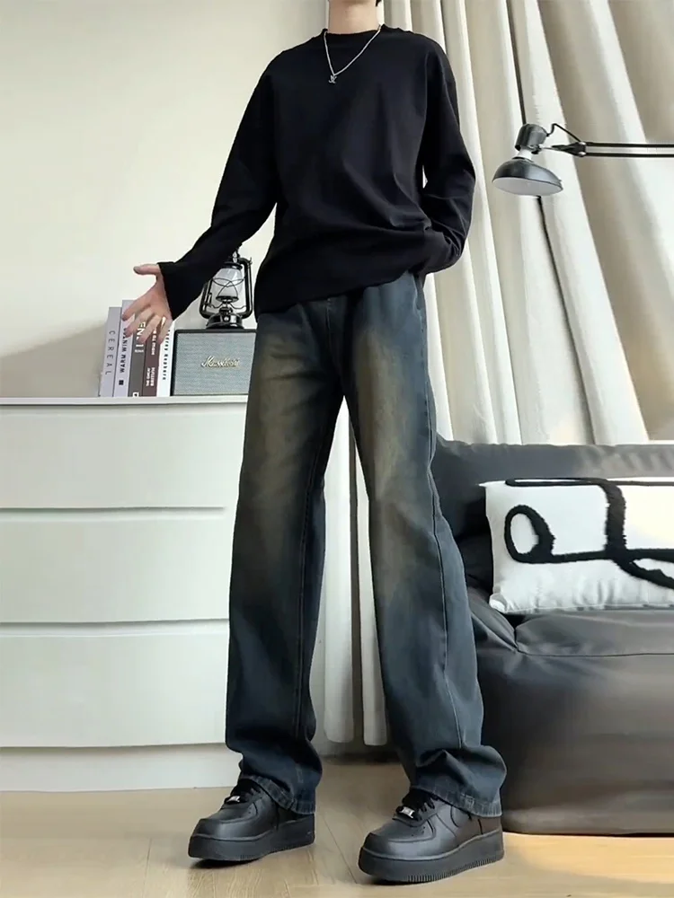 Retro Wa Blue Jeans Men's Elastic Vintage American Straight Loose Tall Micro Flared Pants Youth Trendy Cotton Polyester