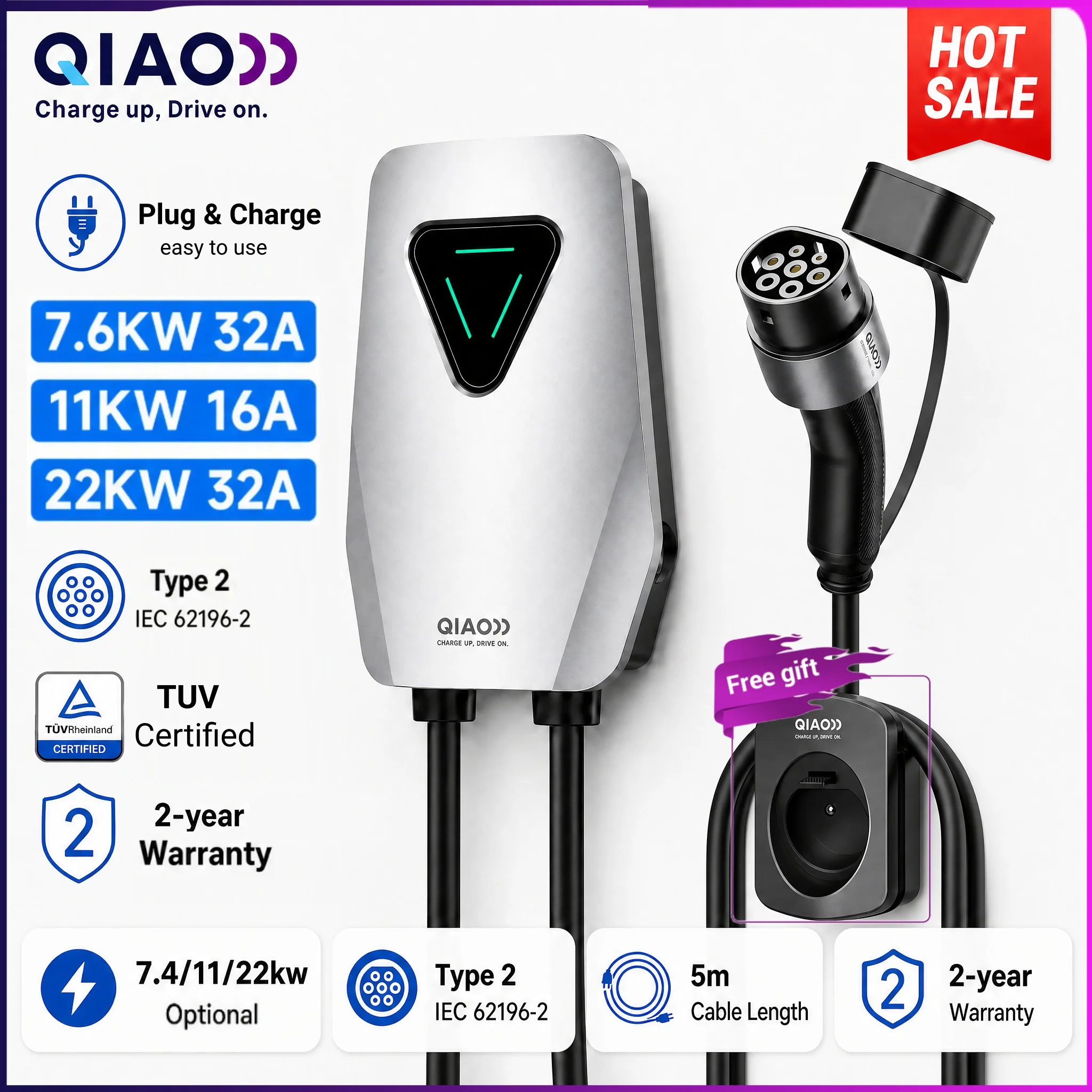 Type2 EV Charging 32A 7.4KW Electric Vehicle Car Charger EVSE Wallbox 11KW 22KW 3Phase Type2 5m Cable IEC62196-2 Home Wall Mount