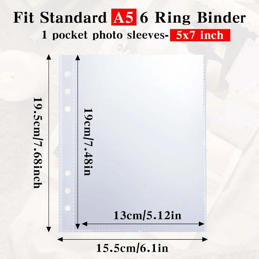 50 Pack 50 Pocket 5x7 Clear Page Protecto for A5 Binder 6 Ring Top Loading Paper Protector Sheets Binder Sleeves for CardsPhoto