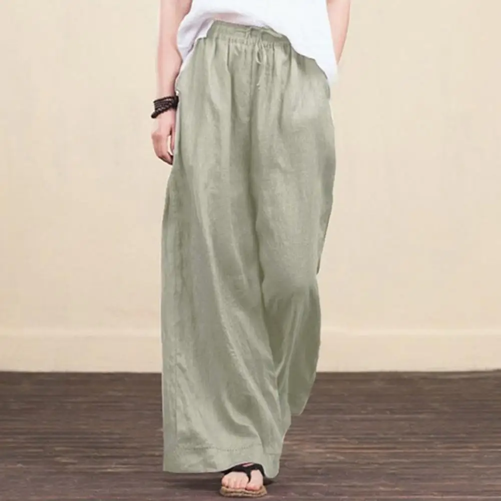 New Vintage Linen Elastic Waist Wide Leg Pants Women Long Trousers Summer Solid Color Casual Loose Pants Female Boho Clothes