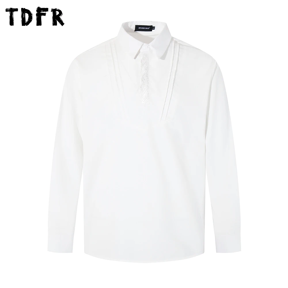 

Spliced Embroidery Long Sleeve Shirts Mens Solid Color Autumn Casual Loose Shirts Man Tops