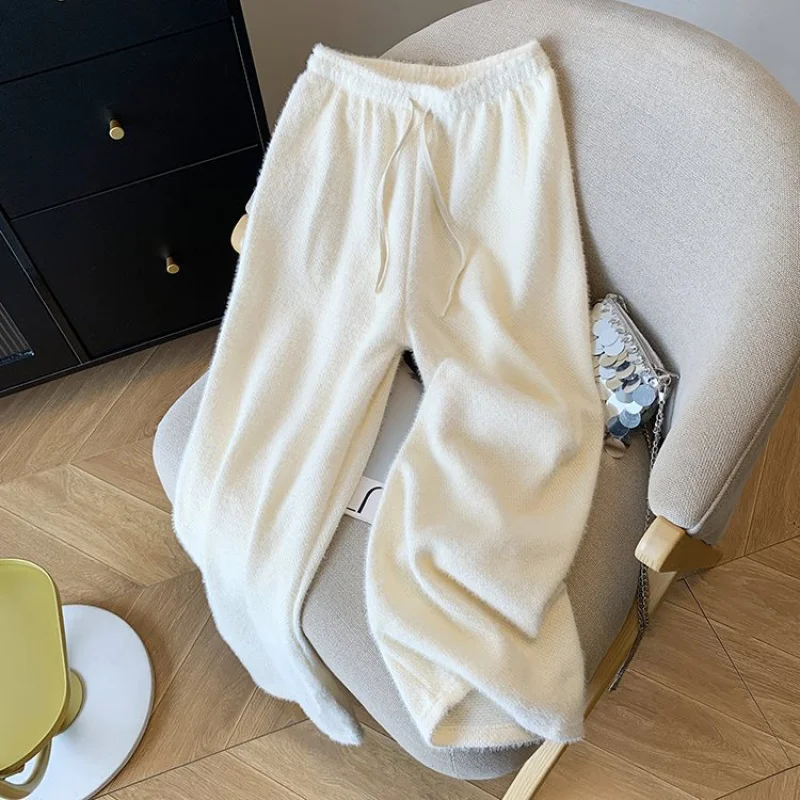 

Mink Velvet Knitted Glutinous Rice Wide-Leg Pants for Women Winter Apricot Color Fleece Thickened Pants Straight Drawstring Soft