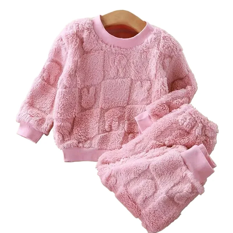 Autumn Winter Flange Sleepwear Girls Boys Long Sleeve Home Clothing Baby Kid Sleep Costume Tops+Pants Suits