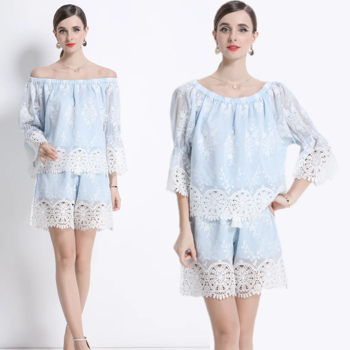 

Boho Off Shoulder Lace 2 Piece Set Women Summer Hollow Out Crop Top Shorts Matching Outfit Beach Holiday Bohemian Style Co-ord