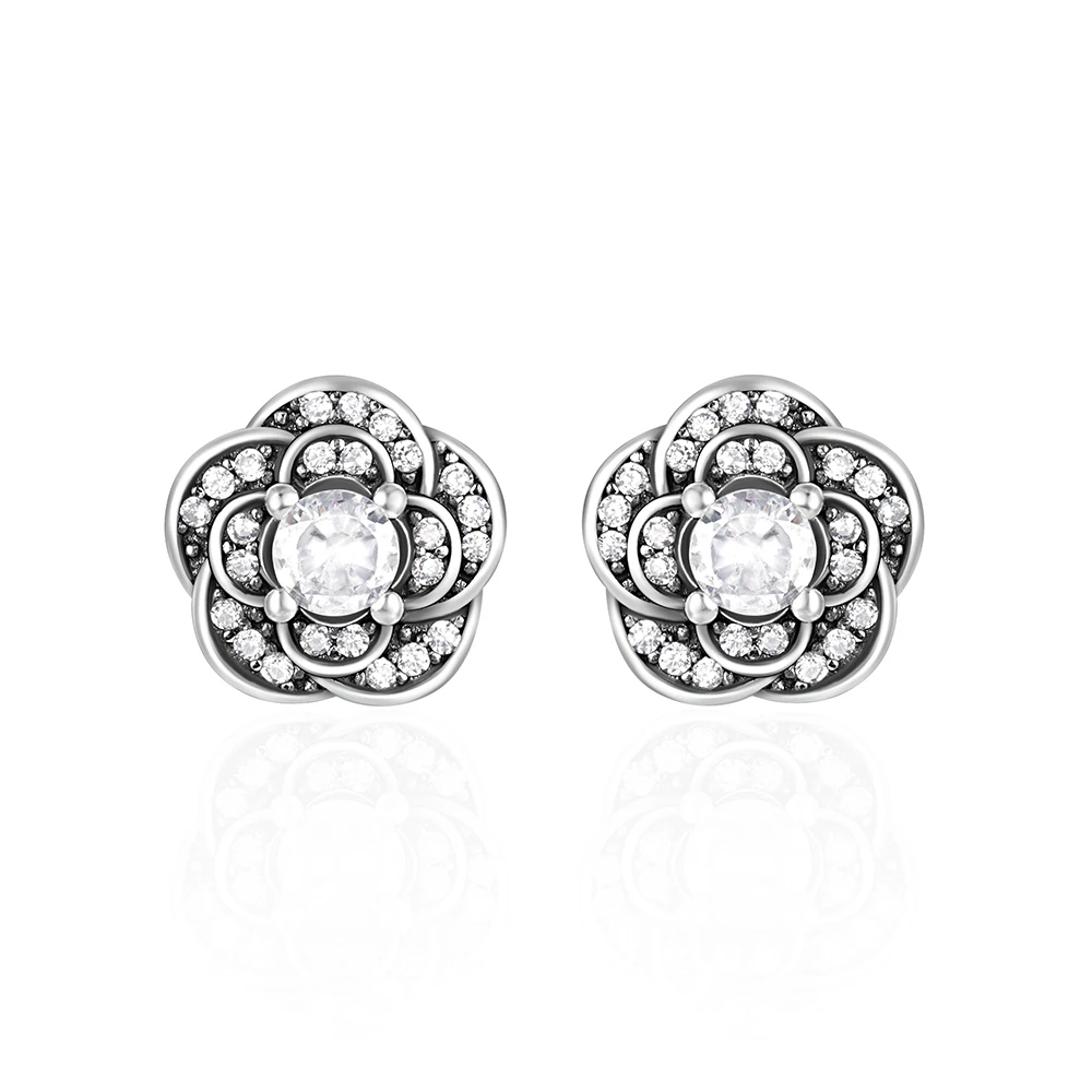 LENNIK 100% 925 Sterling Silver Rose/Love Zircon Vintage Earrings Women's Perforated Double layered Fashion Earring Jewelry Gift