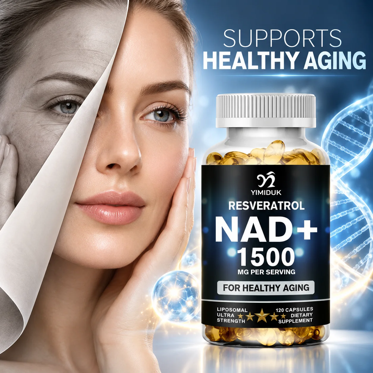 Liposomal NAD Supplement Capsules, with Resveratrol, Anti-aging, Energy, Focus Support, Promotes Cell and Skin Health