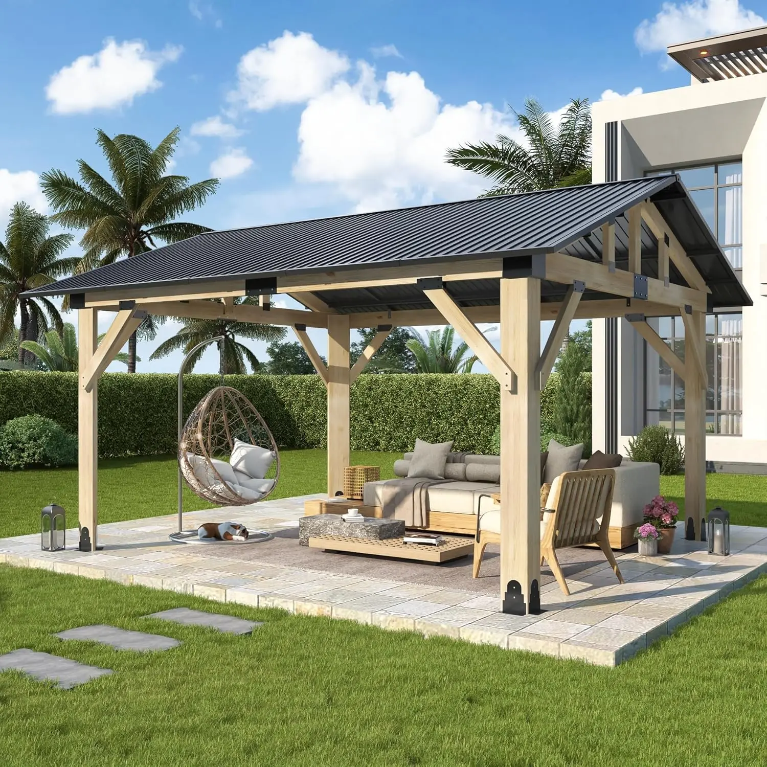 

13x15ft Hardtop Wood Gazebo Galvanized Steel Roof Cedar Frame Outdoor Garden Porch Patio Deck Carport, Custom