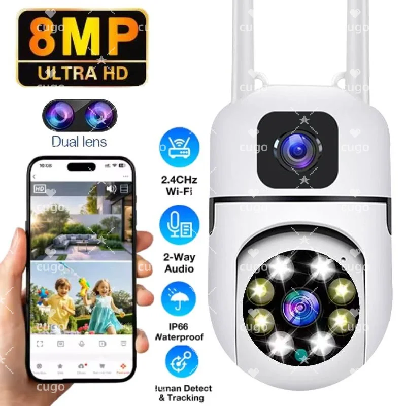 8MP HD IP واي فاي كاميرا عدسة مزدوجة الأمن كاميرات خارجية لاسلكية PTZ اتجاهين الصوت اللون للرؤية الليلية كاميرا مراقبة الطفل المنزل