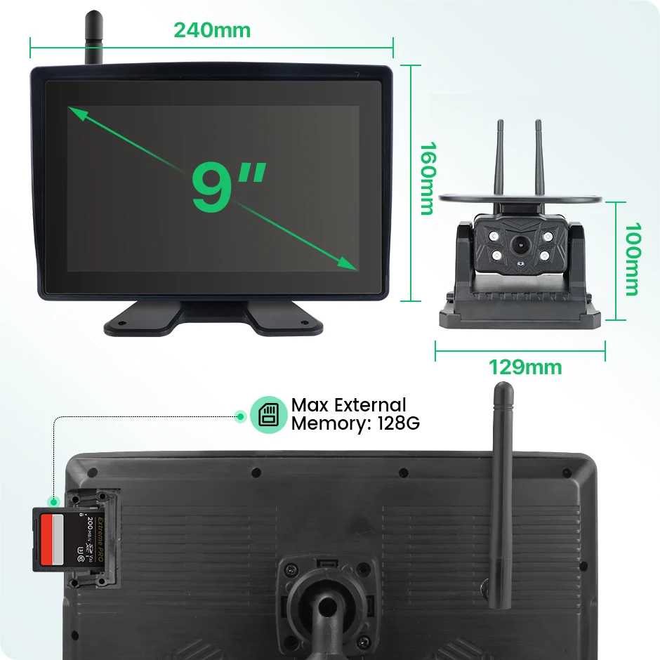 9 بوصة لاسلكية مقاوم للماء اللمس مسجل DVR BSD رصد كاميرات المغناطيس الشمسية لشاحنة/مقطورة/التخييم/RV/رافعة شوكية/حفارة #5