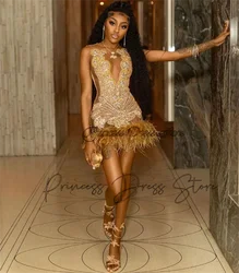 Luxury Gold Short Prom Dress 2025 Glitter Bead Crystals Rhinestones Feathers Cocktail Birthday Party Gown Homecoming