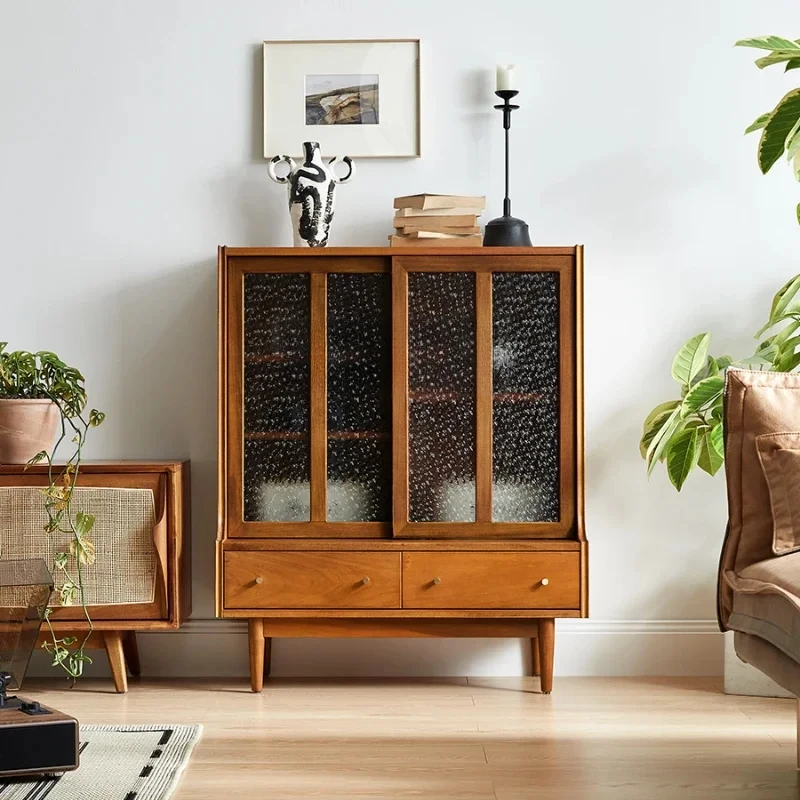 

Vintage side cabinet Solid wood bookcase Glass medieval cupboard Living room