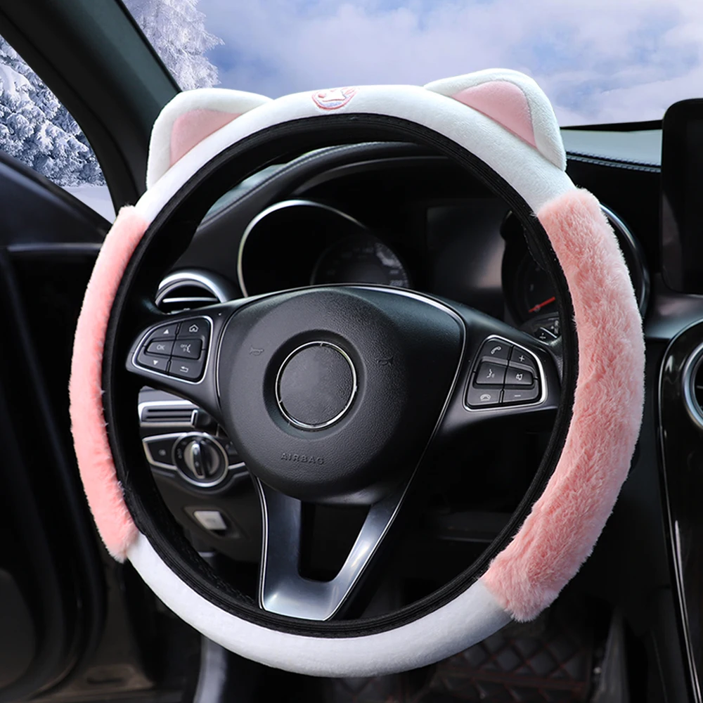 Cute Cartoon Plush Kitten Warm Car without Inner Ring Steering Wheel Cover Car Accessories Suitable for 14.5-15INCH