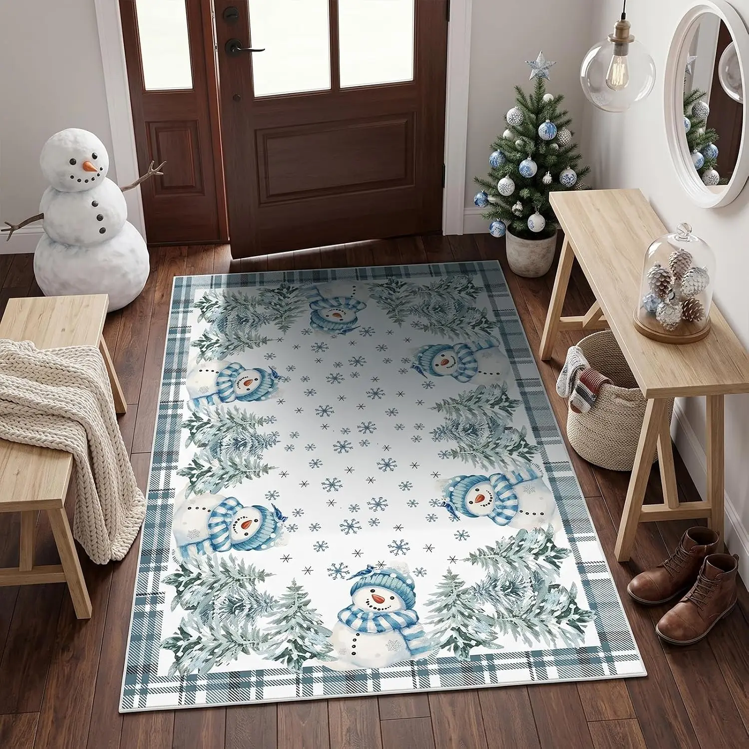 Extra Large 8x10 Snowman Buffalo Tartan Plaid Christmas Area Rug Farmhouse Washable Indoor Carpet Home Decor for Entryway