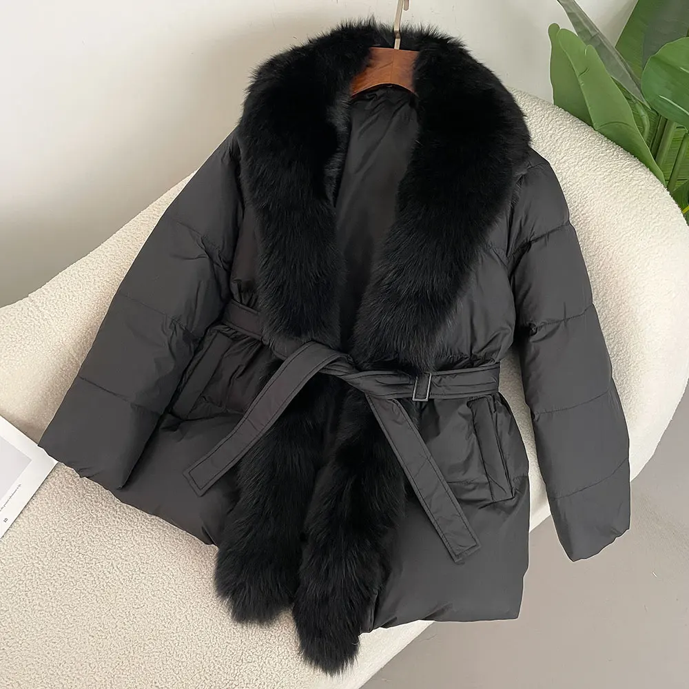 New Down Jacket Women Parkas Slim Coat Belt Outwear Female Warm Winter New Luxury Natural Fox Fur Collar White Goose Down Coat