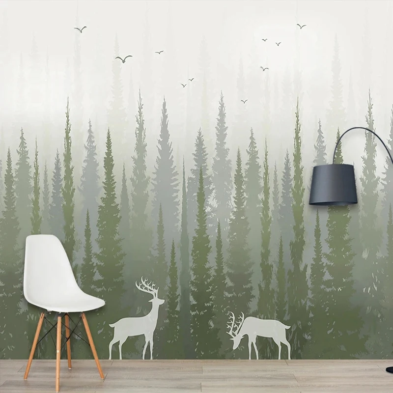 Custom 3D Hand-painted Photo Mural Pine Tree Forest Bird Deer Pattern Bedroom Wallpaper Design Environment Friendly Papier Peint