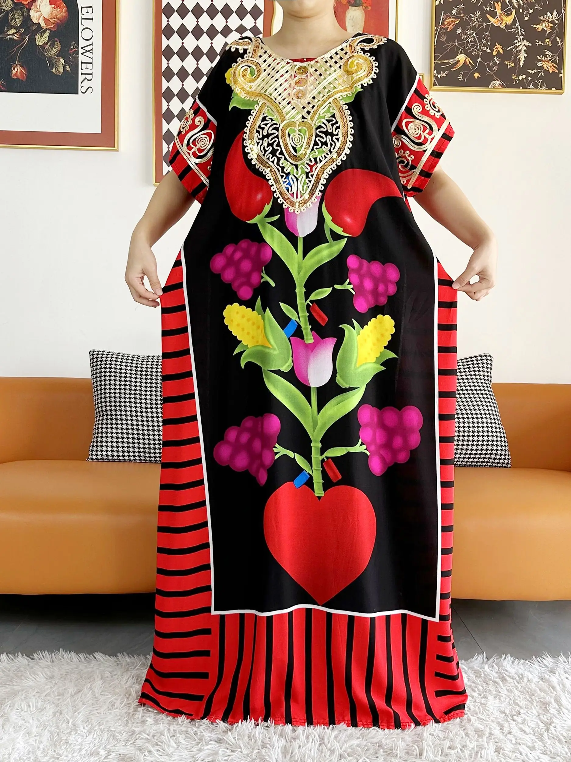 Newest Muslim Party Dress With Scarf For Women Loose Dshiki Maxi Robe Femme Musulmane African Sequnise Printed Floral Abaya