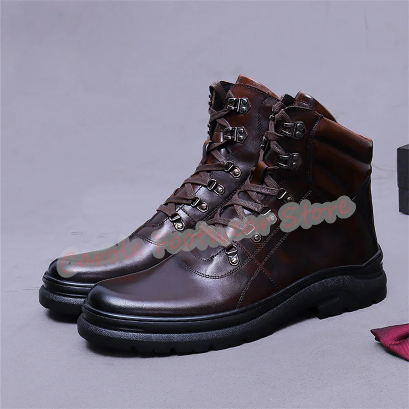 Sepatu Boots Kulit Asli Pria Model Tinggi dengan Tali Silang Gaya Inggris, Ujung Bulat, Sol Tebal, Tinggi Setengah Betis, Sepatu Luar Ruangan Pria