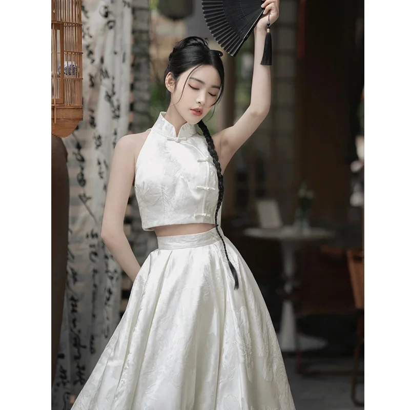 Elegante Witte Opstaande Kraag Handgemaakte Knoop Mouwloze Tang Suit Top Rok Vrouwen Verbeterde Moderne Cheongsam Dress Dress Outfit