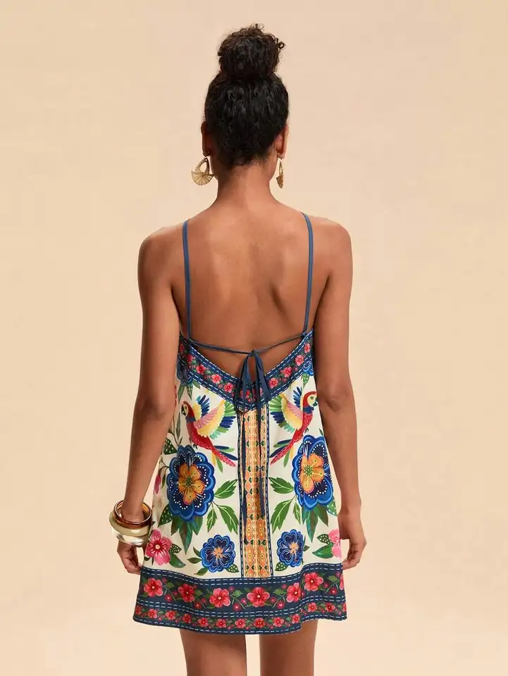 Boho Floral Print Backless Mini Dress