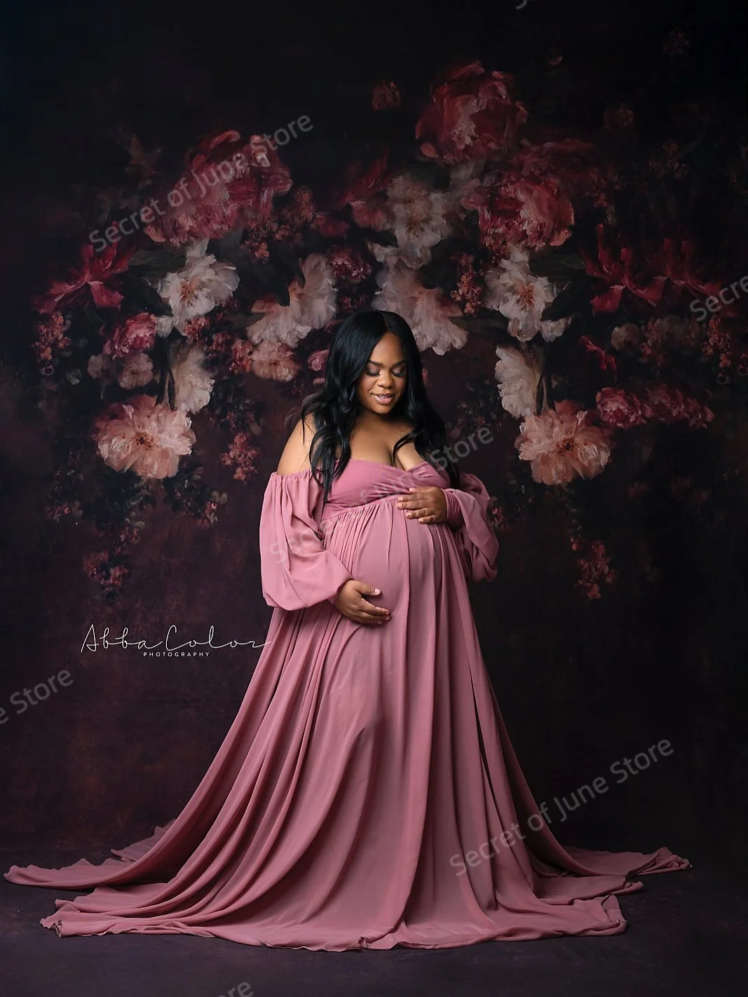 控えめなローズピンクのマタニティドレス恋人長袖イブニングドレス写真撮影用エレガントなカスタマイズされた妊婦ドレス