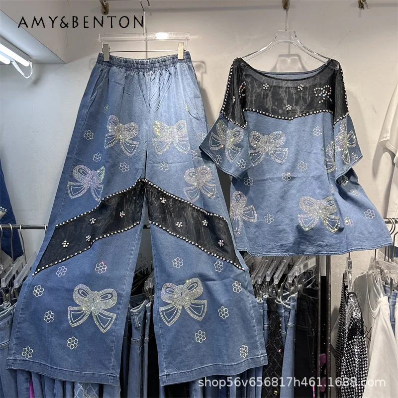 

Chic Elegant Rhinestone Bow Denim T-shirt + Elastic Waist Wide-Leg Pants Two Pieces Set Women's Y2k Clothes Tshirts Outfit Girls