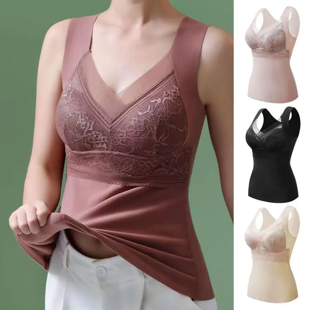 Women Warm Underwear Vest Sexy Sleeveless Bottom Shirt V-neck Bra with Chest Pad Slim Traceless Vest Bra Ladies Lace Camisole