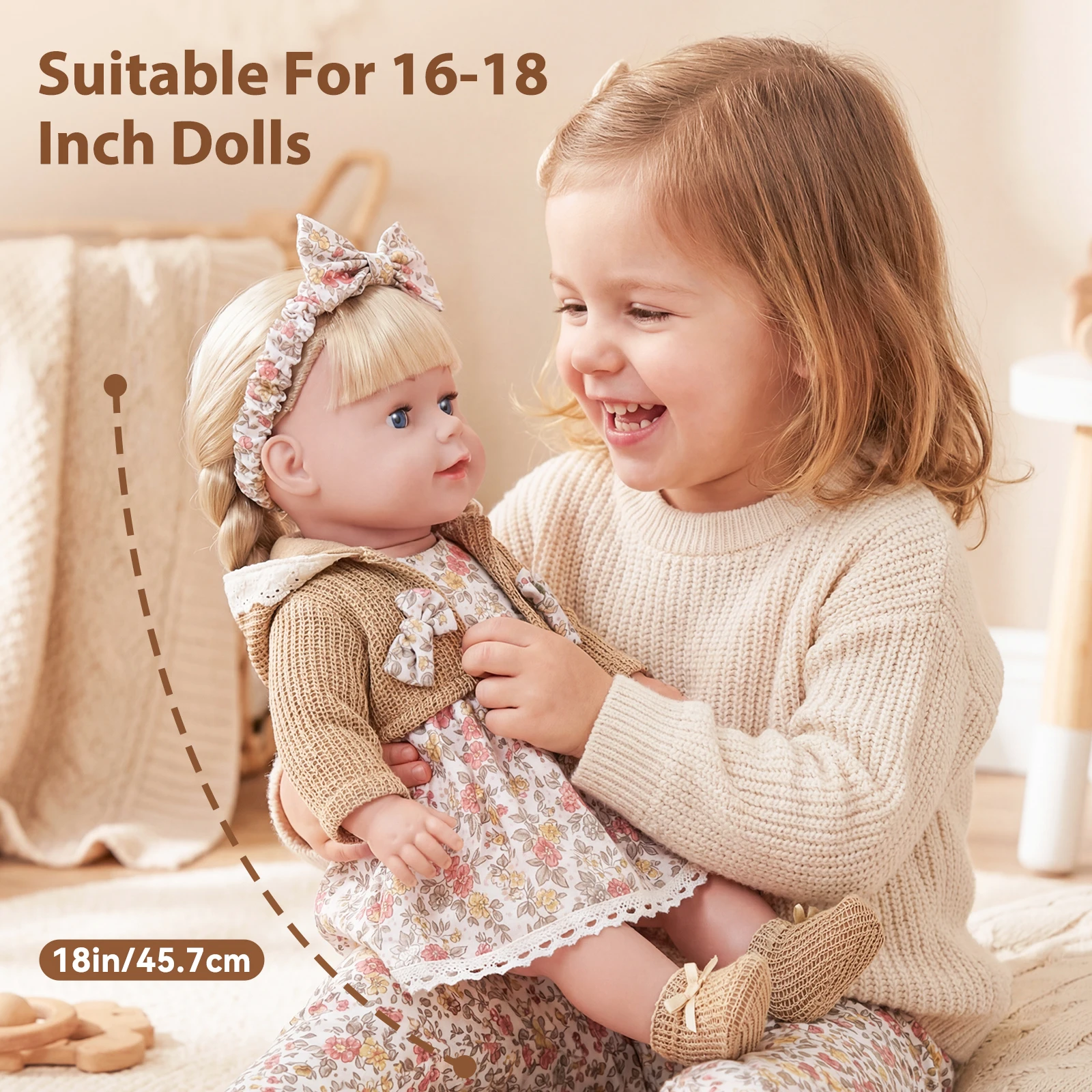 Cute Doll Clothes for 16-18 Inch Baby Doll Knitted Cardigan Floral Dress Set with Headband Socks for 40-45cm Baby Dolls Girls Gi view 4